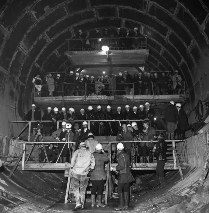 Framed Print : Mersey Tunnel breakthrough 4th March 1970 Builders Framed Print : Mersey Tunnel breakthrough 4th March 1970 Builders