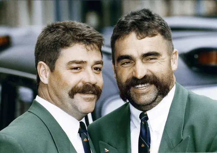 Framed Print : Merv Hughes right and David Boon arrive for the Ashes Battle in 1993