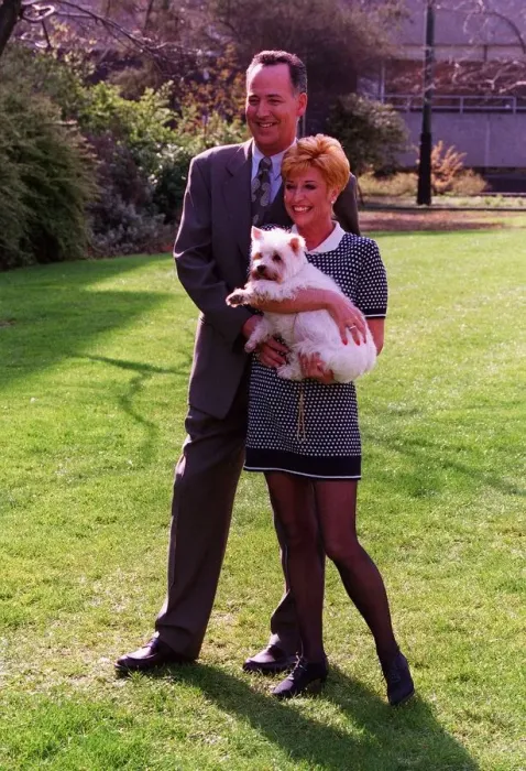 Framed Print : Michael Barrymore TV Presenter  /  Comedian with wife Cheryland their dog