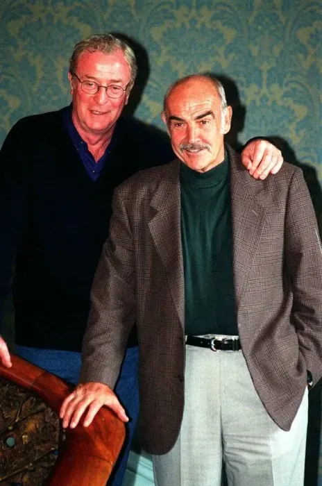 Framed Print : Michael Caine actor (L) and Sean Connery August 1997 face the press at the Caldonian