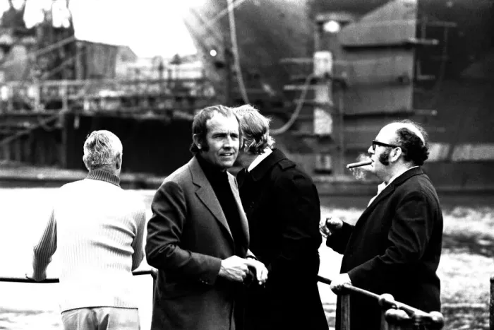 Framed Print : Michael Caine in a scene from the film Get Carter. Hebburn-Wallsend ferry landing with Framed Print : Michael Caine in a scene from the film Get Carter. Hebburn-Wallsend ferry landing with