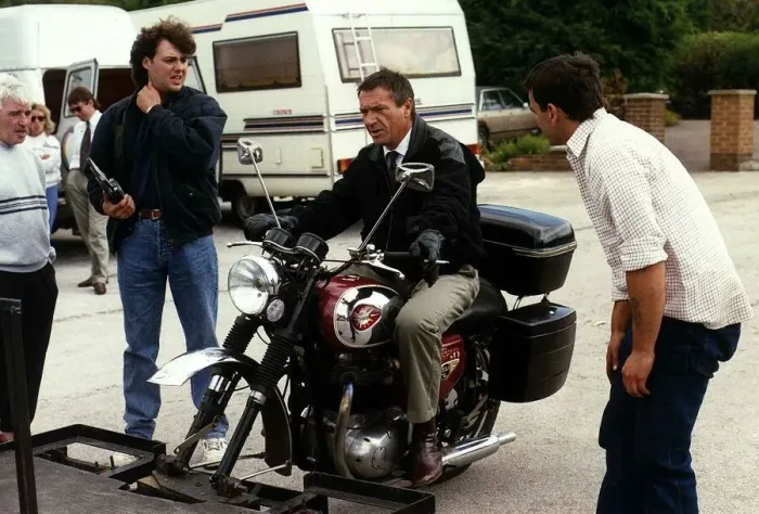 Framed Print : Michael Elphick Actor sitting on a BSA Motor Cycle during the filming of an episode of Framed Print : Michael Elphick Actor sitting on a BSA Motor Cycle during the filming of an episode of