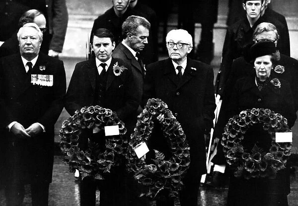 Michael Foot 1982 Cenotaph London Rememberance Sunday holding wreaths