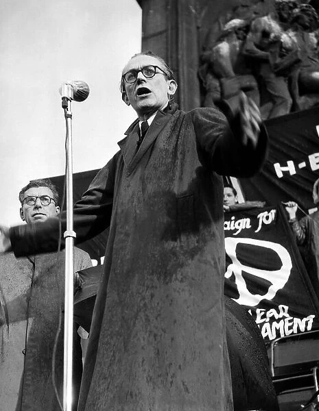 Michael Foot speaking at the Anti H Bomb meeting in Trafalgar Square after the Campaign