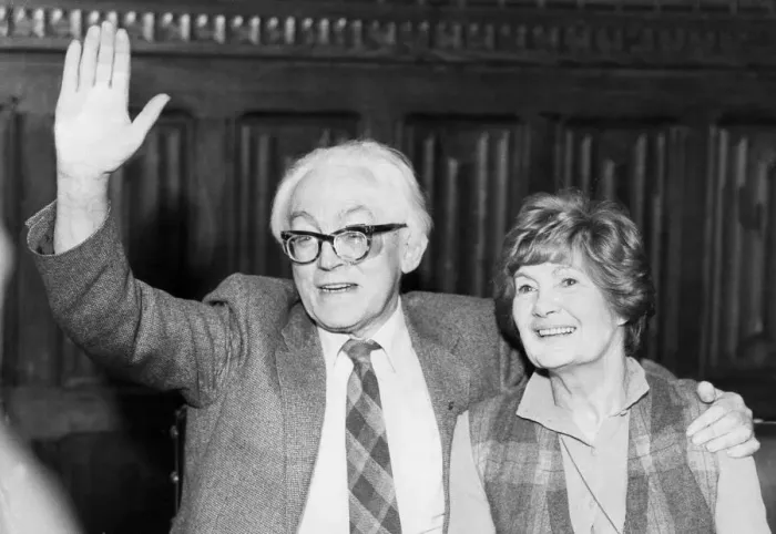 Framed Print : Michael Foot and wife Jill Craigie at press conference after his election as Labour party Framed Print : Michael Foot and wife Jill Craigie at press conference after his election as Labour party
