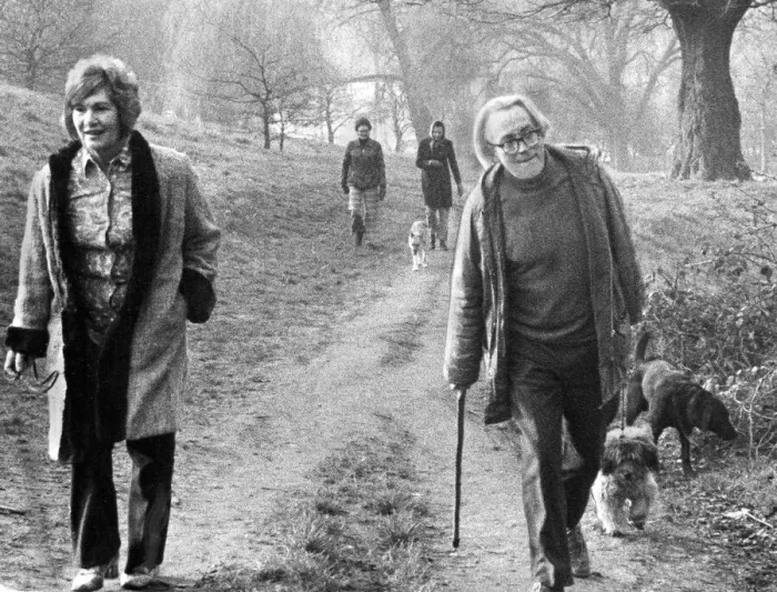 Framed Print : Michael Foot and wife Jill Craigie walking their dogs on Hampstead Heath - March 1974 Framed Print : Michael Foot and wife Jill Craigie walking their dogs on Hampstead Heath - March 1974