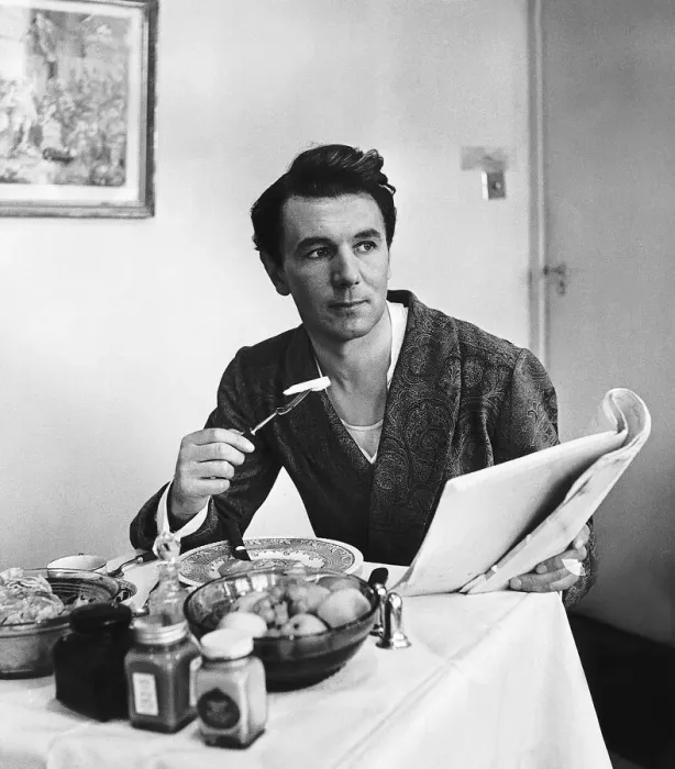 Framed Print : Michael Redgrave actor lunching in his dressing room during a break from filming the Two Framed Print : Michael Redgrave actor lunching in his dressing room during a break from filming the Two