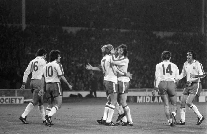 Framed Print : Mick Channon celebrates after scoring October 1974 for England v Framed Print : Mick Channon celebrates after scoring October 1974 for England v