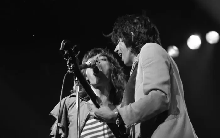 Framed Print : Mick Jagger and guitasrist Bill Wyman performing on stage during a Rolling Stones concert