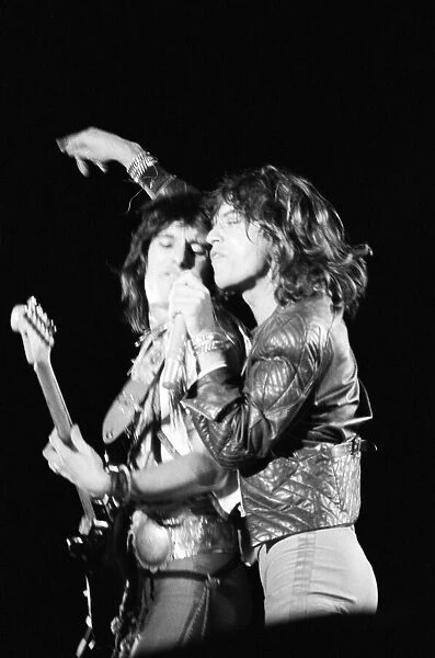 Mick Jagger and Keith Richards performing at the Rolling Stones concert at Knebworth