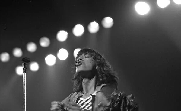 Mick Jagger performing on stage during a Rolling Stones concert at at New Bingley Hall