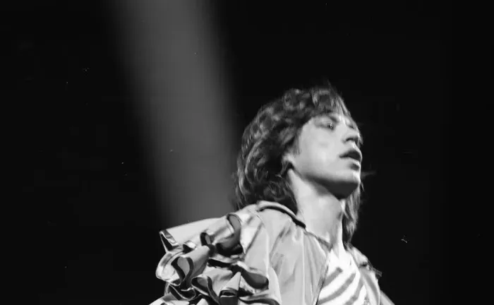 Framed Print : Mick Jagger performing on stage during a Rolling Stones concert at at New Bingley Hall