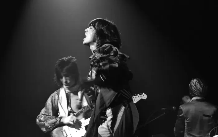 Framed Print : Mick Jagger performing on stage during a Rolling Stones concert at at New Bingley Hall