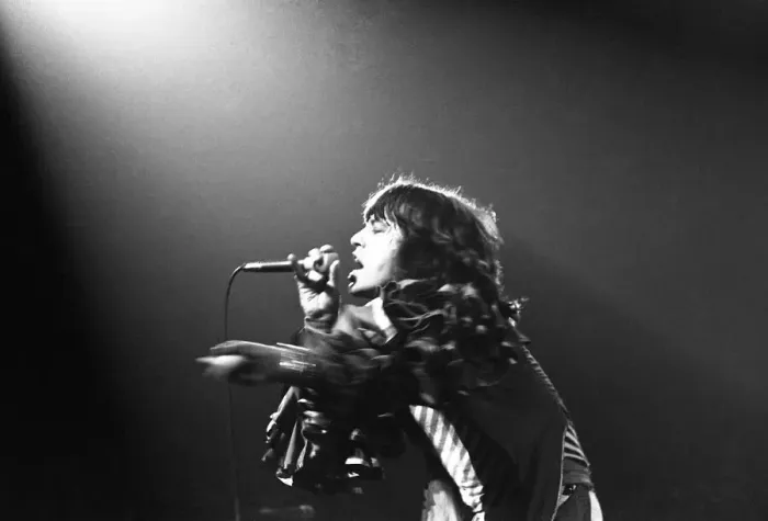 Framed Print : Mick Jagger performing on stage during a Rolling Stones concert at at New Bingley Hall