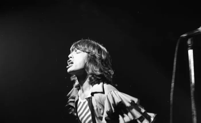 Framed Print : Mick Jagger performing on stage during a Rolling Stones concert at at New Bingley Hall