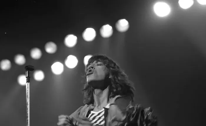 Framed Print : Mick Jagger performing on stage during a Rolling Stones concert at at New Bingley Hall