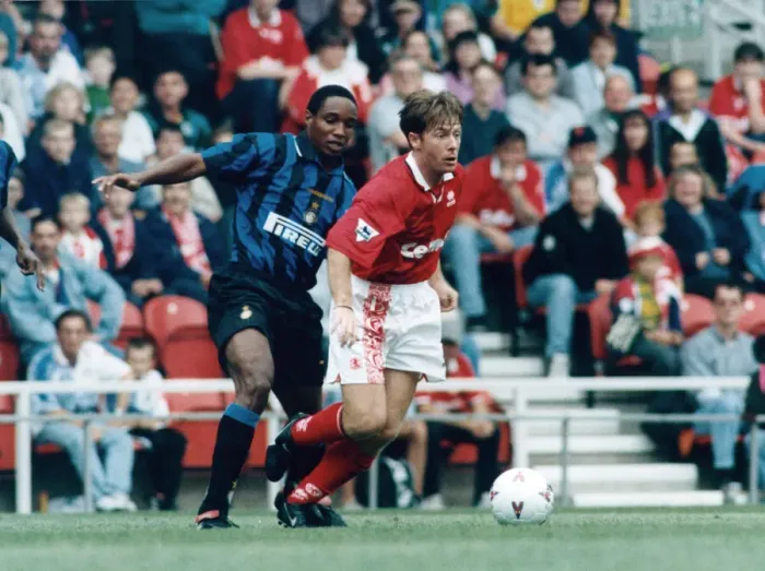 Framed Print : Middlebrough player Craig Hignett seen here in action against Paul Ince of Inter Milan in Framed Print : Middlebrough player Craig Hignett seen here in action against Paul Ince of Inter Milan in