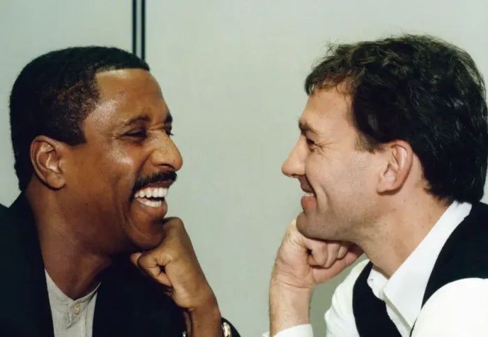 Framed Print : Middlesbrough manager Bryan Robson and assistant Viv Anderson share a joke Framed Print : Middlesbrough manager Bryan Robson and assistant Viv Anderson share a joke