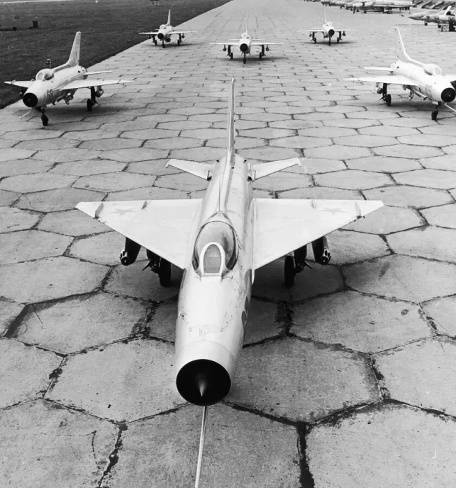 Framed Print : MiG-21PFL (Nato codename Fishbed) fighter bombers seen here at a undisclosed airbase