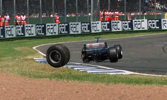 Framed Print : Mika Hakkinen British Grand Prix Silverstone July 1999 loses a wheel off his car Framed Print : Mika Hakkinen British Grand Prix Silverstone July 1999 loses a wheel off his car