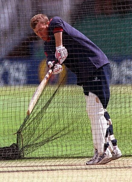 Mike Atherton August 1998 England Cricket Player in the nets practising batting at