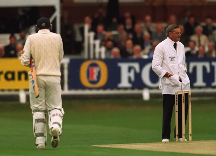 Framed Print : Mike Atherton given out LBW by umpire Dickie Bird in the first over on the first days Framed Print : Mike Atherton given out LBW by umpire Dickie Bird in the first over on the first days