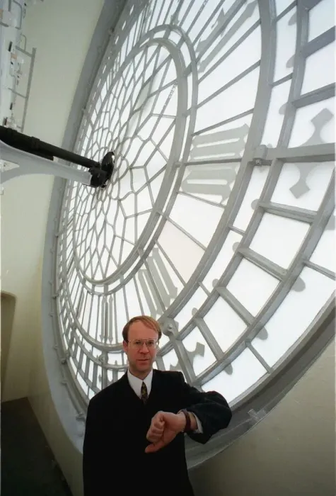 Framed Print : Mike McCann Keeper of the Great Clock December 1999, standing behind the face of Framed Print : Mike McCann Keeper of the Great Clock December 1999, standing behind the face of