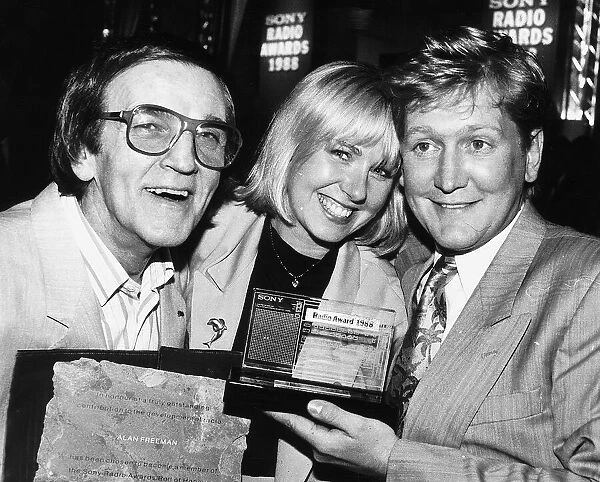 Mike Smith DJ with Sarah Greene and DJ Alan Freeman at radio one April 1988