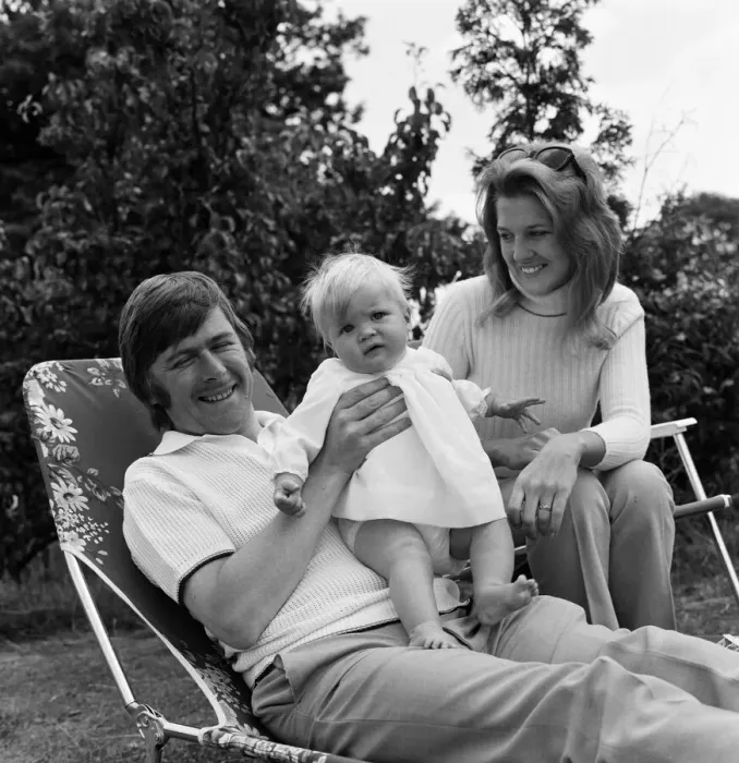 Framed Print : Mike Yarwood relaxing at home with his wife Sandra and their 10-month-old daughter