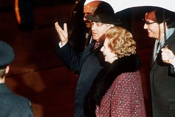 Mikhail Gorbachev at Heathrow Airport with Prime Minister Margaret Thatcher April