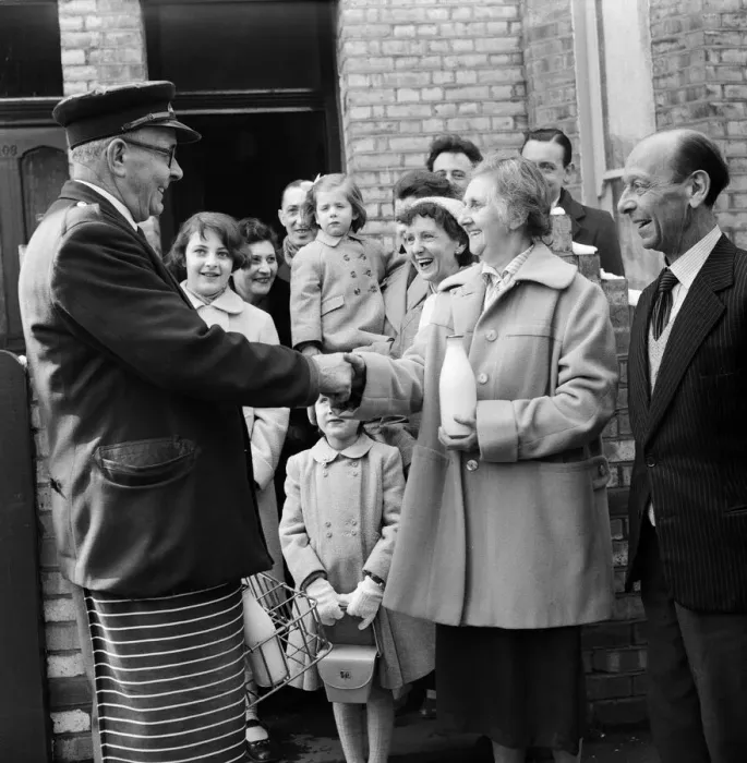Framed Print : Milkman, Alfred Dobbs, says goodbye to all his customers who have been taking his milk Framed Print : Milkman, Alfred Dobbs, says goodbye to all his customers who have been taking his milk