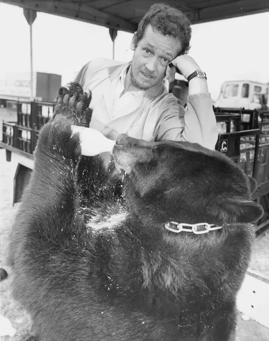 Framed Print : Milkman Tommy Leonard helps Rita the Bear with her daily pint of milk at Gandley