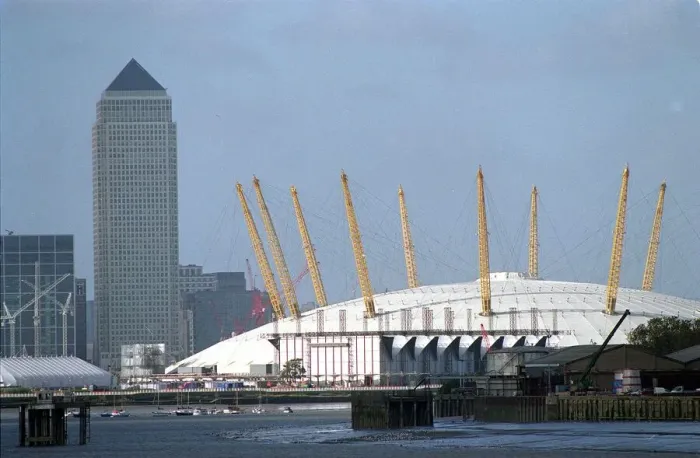 Framed Print : Millennium Dome and Canary Wharf London Nov 1999 pictured from the Thames Barrier Framed Print : Millennium Dome and Canary Wharf London Nov 1999 pictured from the Thames Barrier