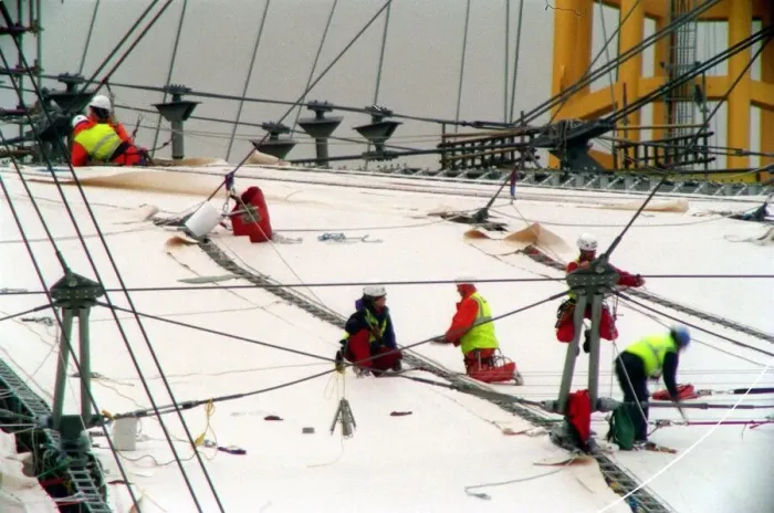 Framed Print : Millennium Dome Greenwich. April 1998 Workmen start to stretch the cover over Framed Print : Millennium Dome Greenwich. April 1998 Workmen start to stretch the cover over