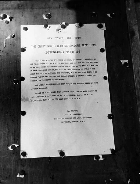 Milton Keynes, January 1967. Council notice of new town Milton Keynes