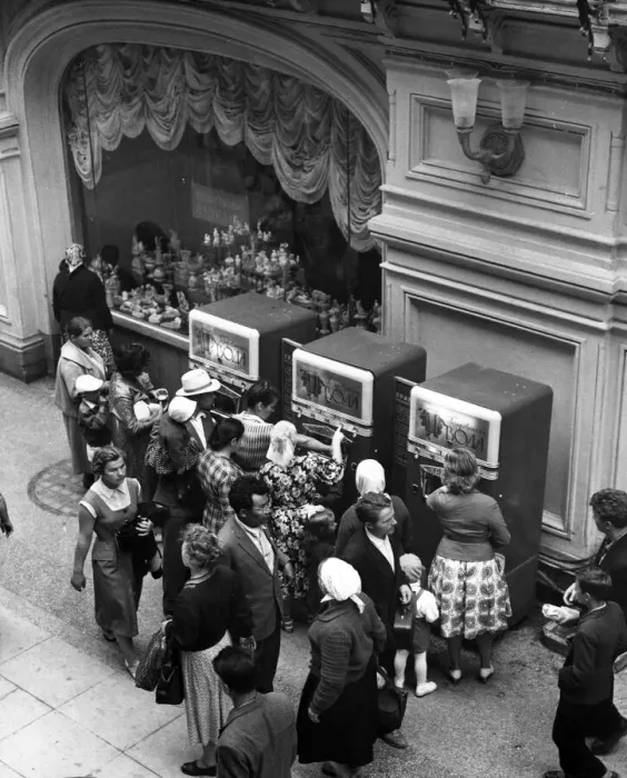 Framed Print : The mineral water machines in the GUM store in Moscow do a brisk trade. 1962