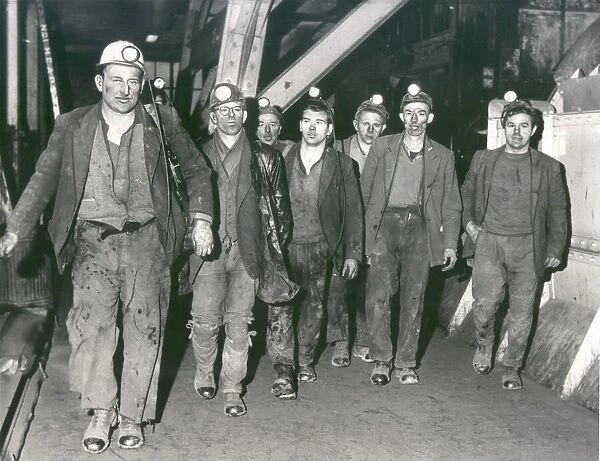 Miners leaving the cage after a shift at the re-opened Lynemouth Colliery. February 1967