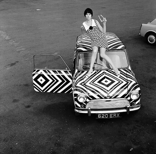 The Mini motorcar March 1966, that has received the Op-Art treatment from an amateur with
