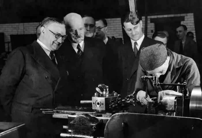 Framed Print : Minister of Labour Ernest Bevin in Manchester today. He toured M. of L. training centre Framed Print : Minister of Labour Ernest Bevin in Manchester today. He toured M. of L. training centre