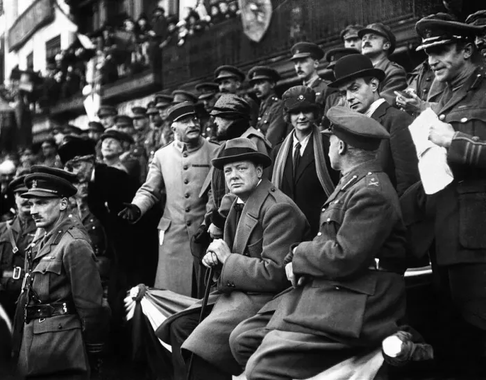 Framed Print : Minister of Munitions Winston Churchill watches the march past of the 47th Division in