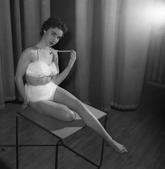 Framed Print : Mink fur bikini 1954 worn by Jackie Lee at fashion show Stoke Newington town hall