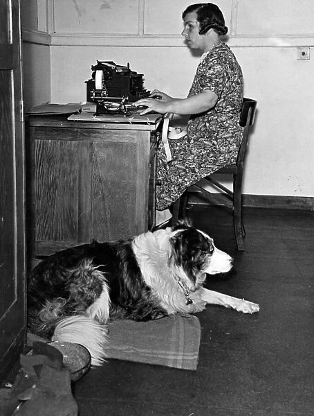 Miss Archer, blind typist, at work in the M. A. P. factory with her dog Sam who waits