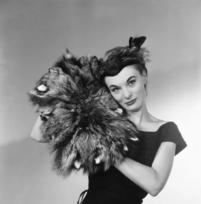 Framed Print : Miss Diana Jones modelling a fox head hat and muff. 12th March 1954 Framed Print : Miss Diana Jones modelling a fox head hat and muff. 12th March 1954