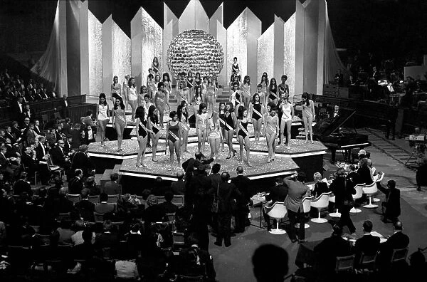 Miss World Beauty contestants on stage at the Albert Hall during the competition
