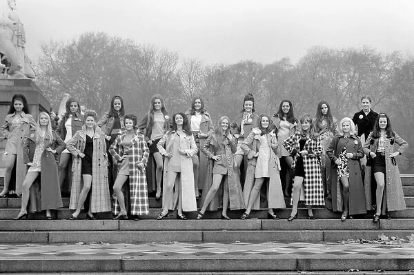 Some of the 'Miss World'contestants, wearing coats from Elgee, Miss Selfridge