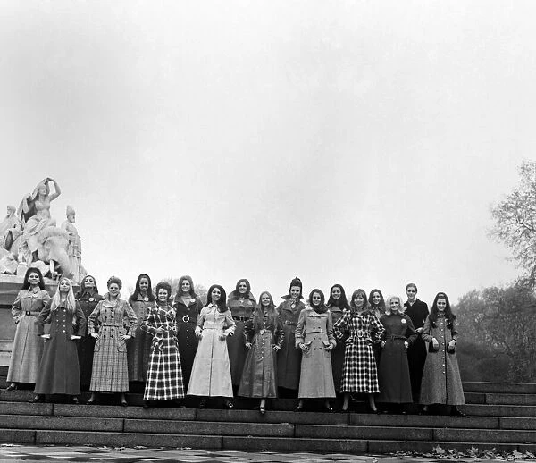 Some of the 'Miss World'contestants, wearing coats from Elgee, Miss Selfridge
