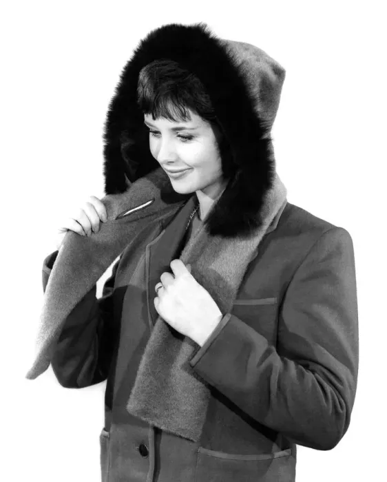 Framed Print : Model Ann Cave wearing a winter jacket with fur lined hood