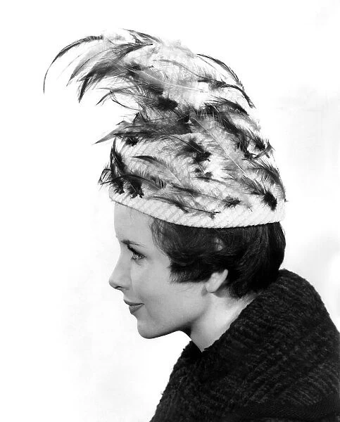 Model Ann Cave wears an unusual feathered hat. March 1960 P009008