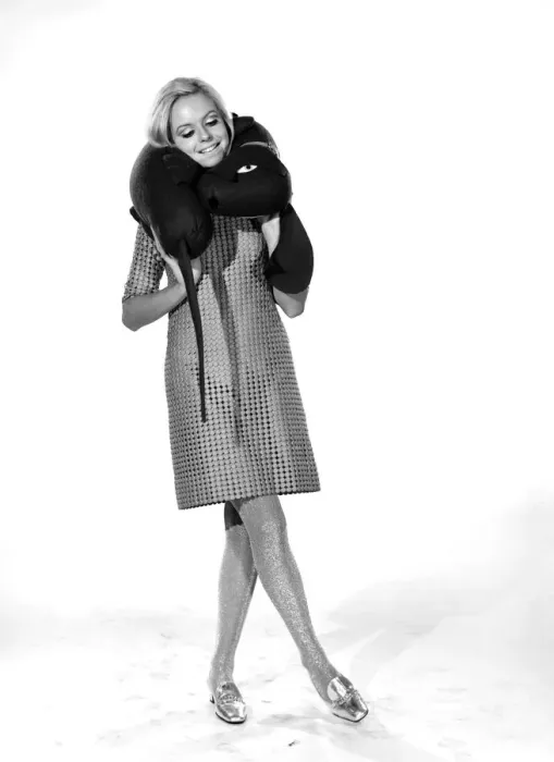 Framed Print : Model Anna Maria Greaves with Roly dog soft toy and draft excluder. 1959 D169-009 Framed Print : Model Anna Maria Greaves with Roly dog soft toy and draft excluder. 1959 D169-009