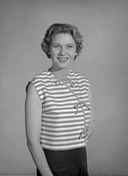 Framed Print : Model Betty Leslie seen here wearing a Tie Top made from a Reveille readers pattern Framed Print : Model Betty Leslie seen here wearing a Tie Top made from a Reveille readers pattern